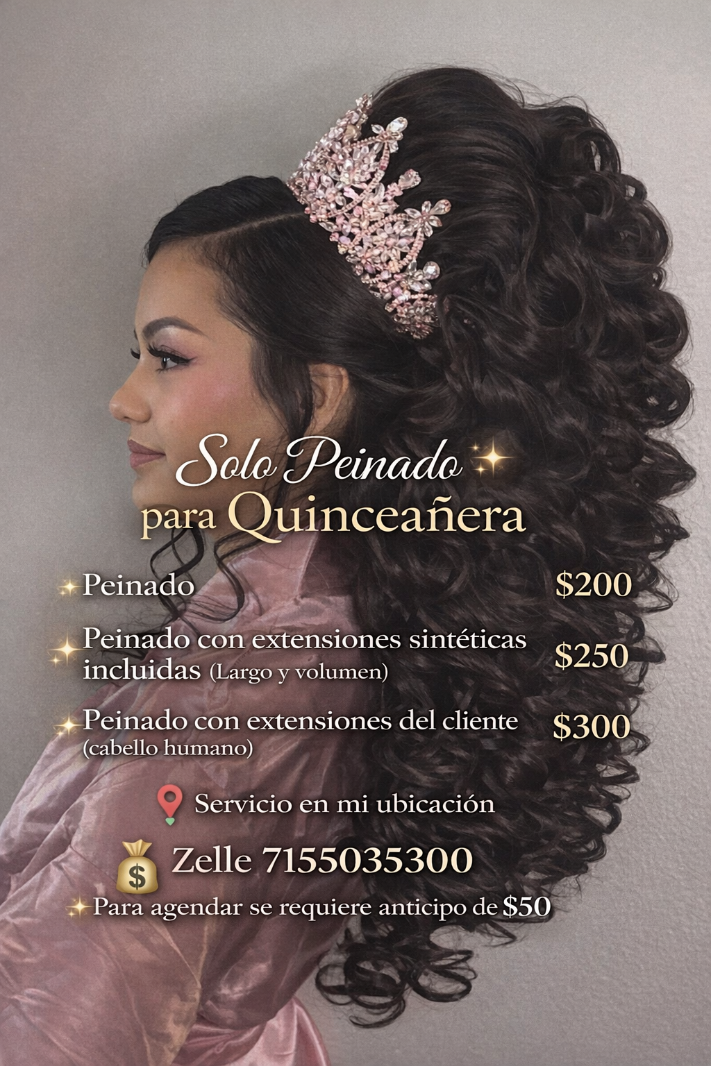 Servicio de peinado en mi estudio, solo para la quinceañera